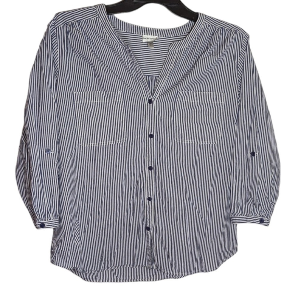 Harve Bernard XL Blue and White Stripe‎ Button Down Womens Shirt
